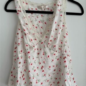 Floral Lace Trim Top - White and Red